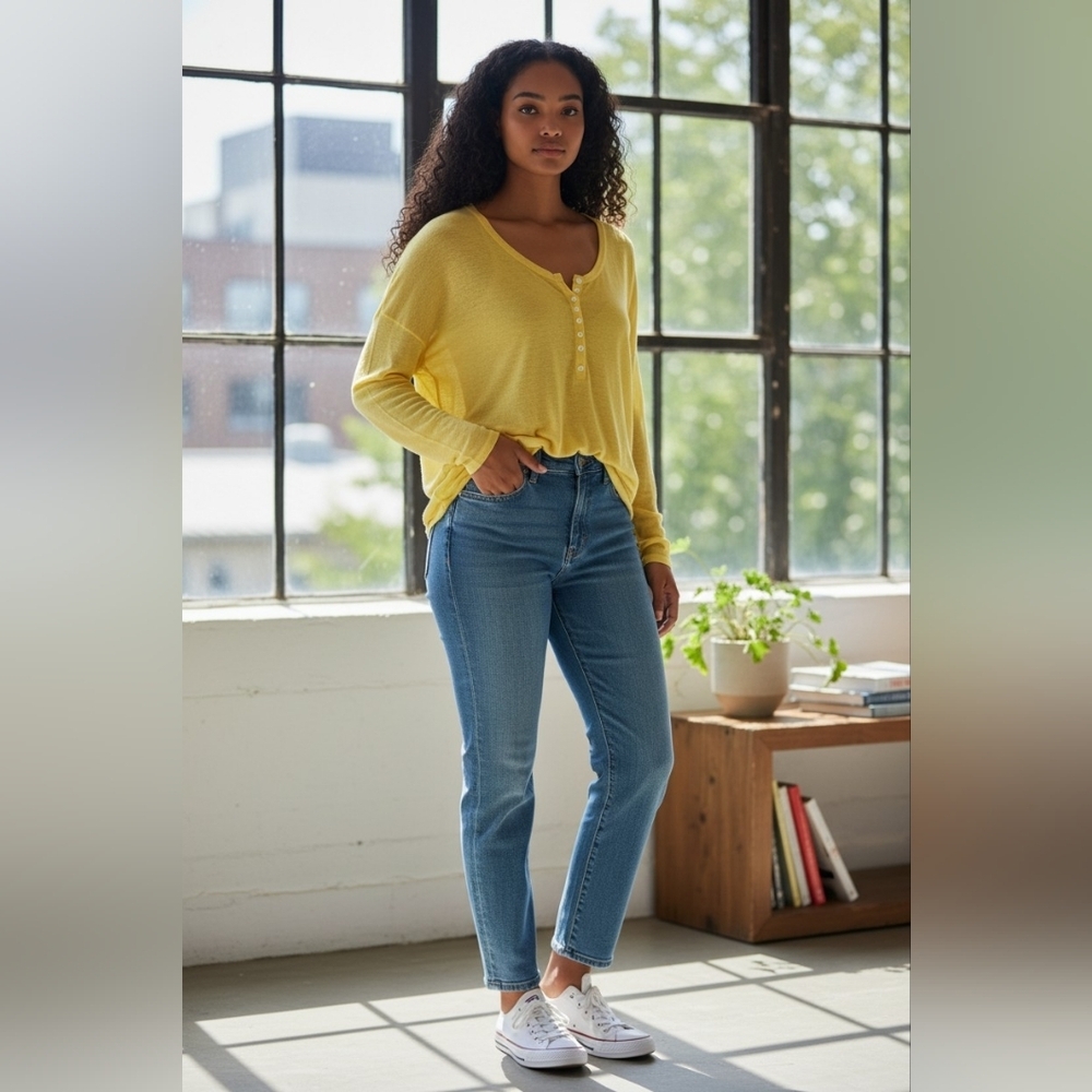POL Yellow Lightweight Knit Henley Sweater Boho Button Long Sleeve Smal-oversize